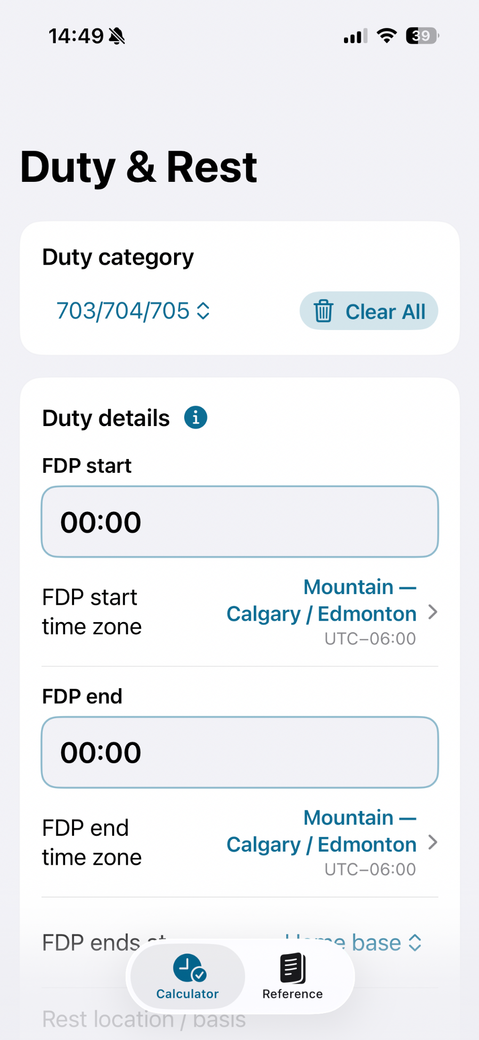 DutyRest duty category and FDP input screen
