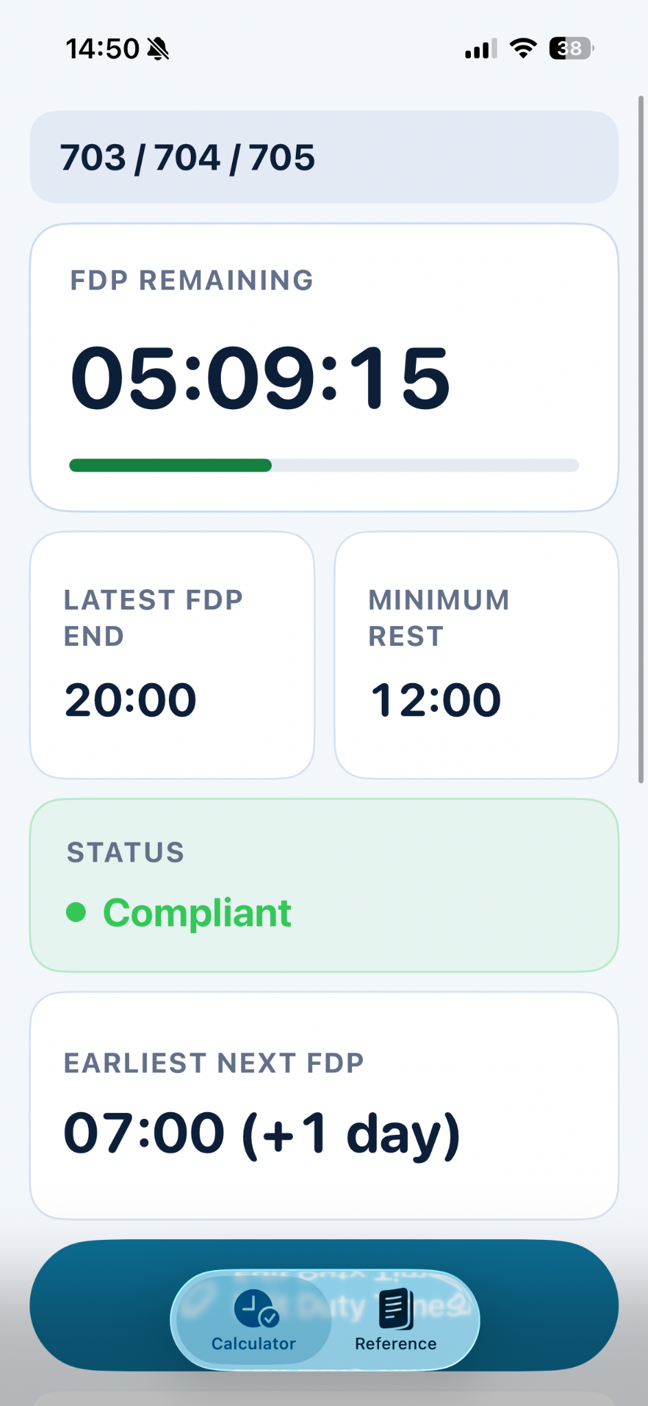 DutyRest summary showing FDP remaining, latest FDP end, minimum rest and next duty